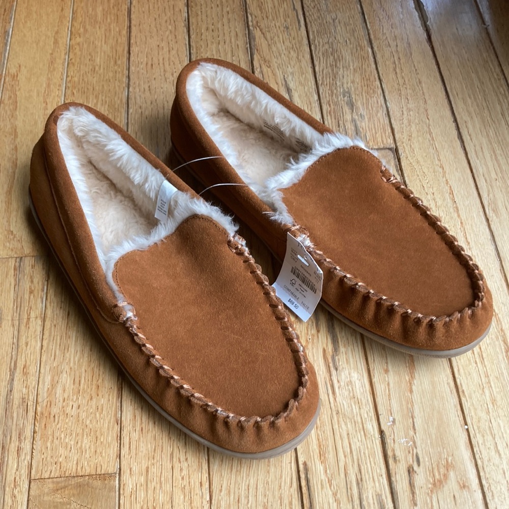 J. Crew men’s leather and faux fur slippers, size 11, NWT